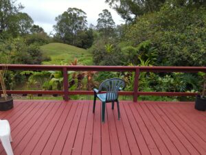 view of my back deck, a resin chair, my back yard, and the sky and a tiny bit of ocean